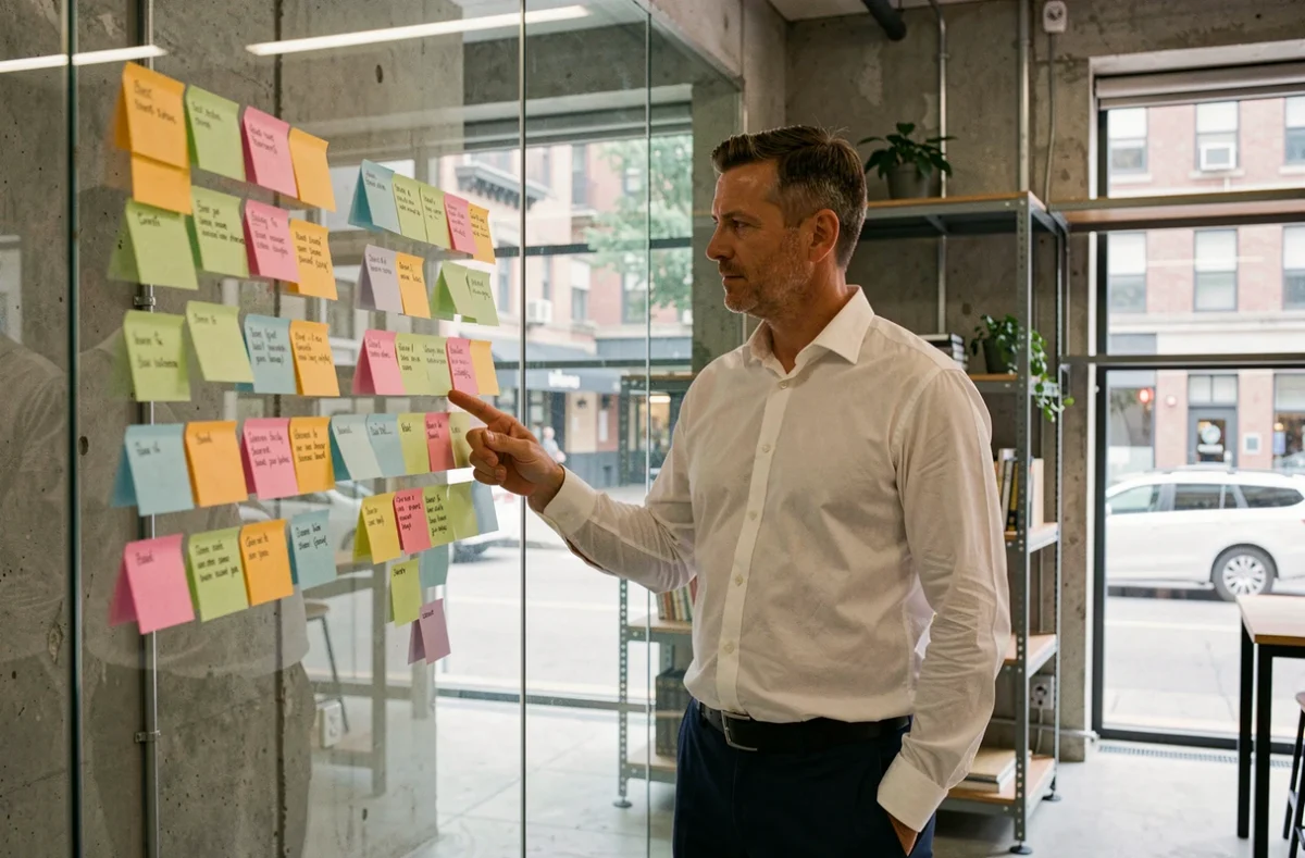 Manager analysant les 5 drivers stratégiques sur un mur de post-it dans un espace de coworking