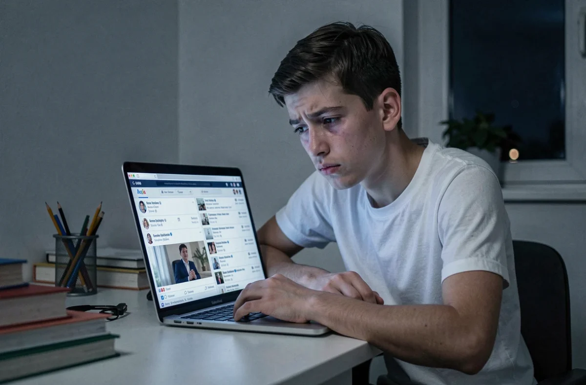 Adolescent épuisé devant son ordinateur la nuit, illustrant les effets des réseaux sociaux sur le sommeil et l'estime de soi des jeunes