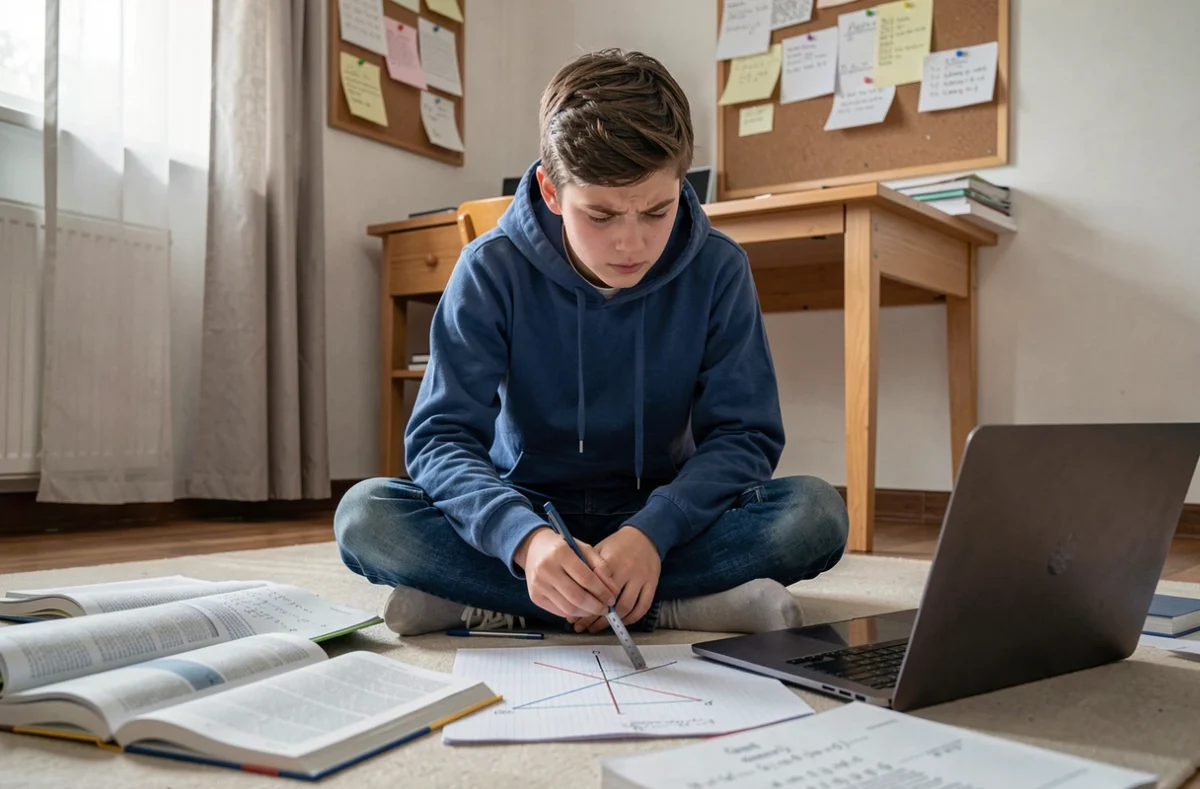 Adolescent travaillant sur des systèmes d'inégalités avec des manuels scolaires et un ordinateur portable
