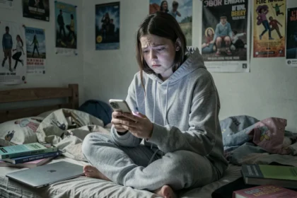 Adolescente anxieuse regardant son téléphone sur son lit, illustrant les effets négatifs des réseaux sociaux sur les jeunes