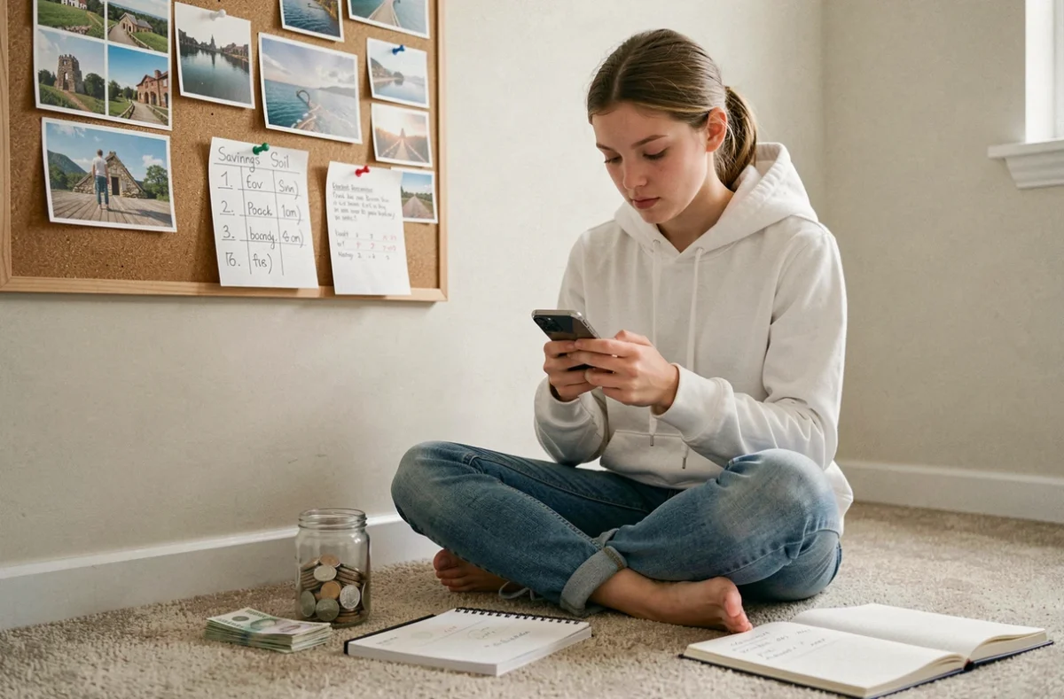 Adolescente assise sur le sol de sa chambre consultant son téléphone pour trouver des aides au financement de son billet d'avion, entourée de son plan d'épargne