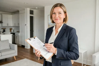 Agent immobilière tenant un dossier d'estimation dans un salon moderne lors d'une évaluation de maison
