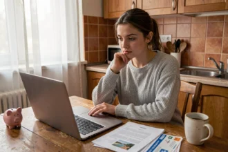 Jeune femme consultant son ordinateur portable avec un billet d'avion et une tirelire sur la table, cherchant une aide financière pour payer son voyage
