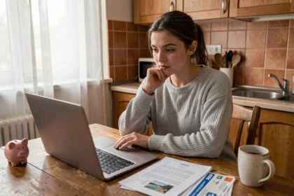 Jeune femme consultant son ordinateur portable avec un billet d'avion et une tirelire sur la table, cherchant une aide financière pour payer son voyage