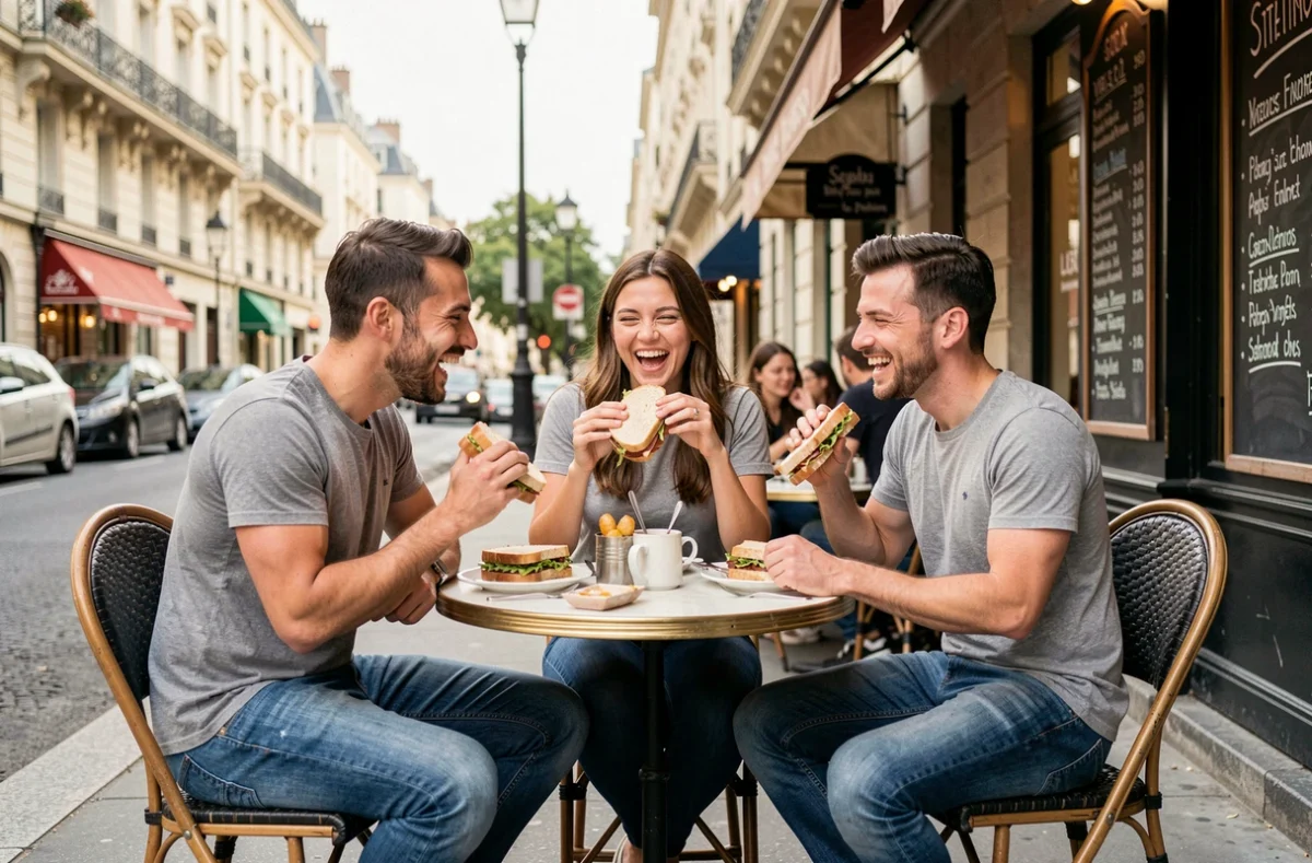 Groupe d'amis en train de bouffer des sandwichs en terrasse de café parisien, scène conviviale et décontractée