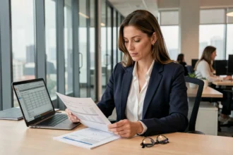Analyste crédit femme examinant des rapports financiers dans un bureau moderne