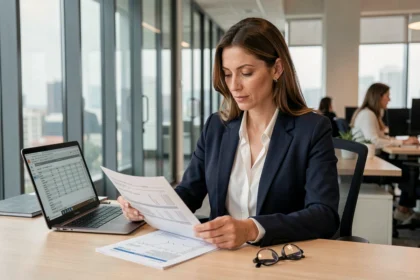 Analyste crédit femme examinant des rapports financiers dans un bureau moderne