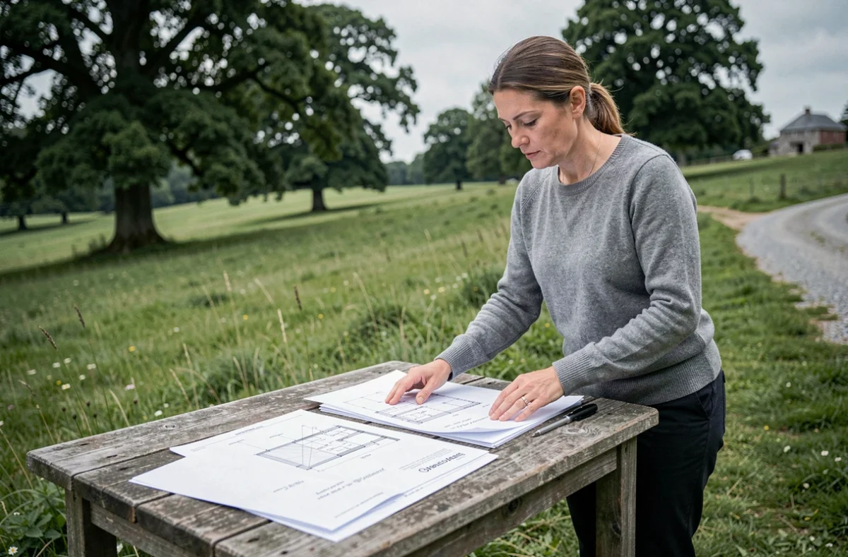 Femme professionnelle analysant des documents fonciers sur un terrain non constructible pour trouver des solutions de rentabilité