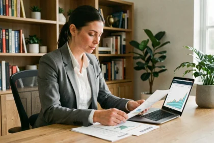 Femme analysant des données financières liées à la location courte durée STR sur un ordinateur portable