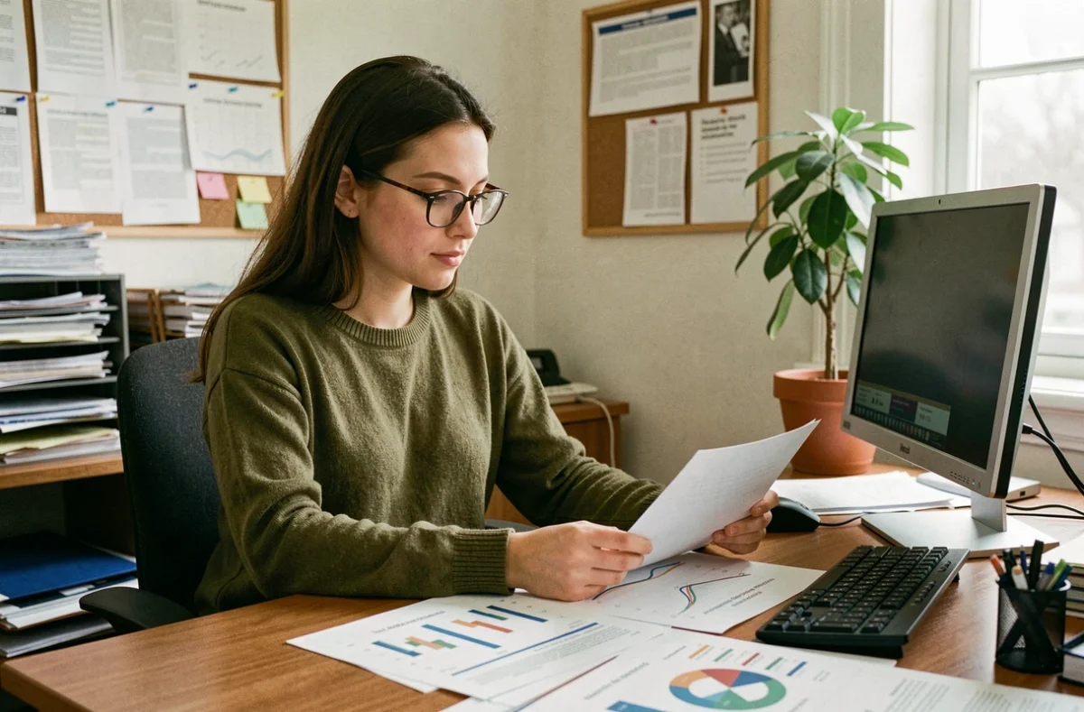 Une chercheuse analyse des données sur les inégalités économiques dans un bureau associatif, illustrant les efforts pour réduire l'écart entre riches et pauvres