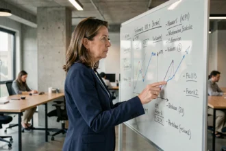 Femme d'affaires analysant des indicateurs de performance d'entreprise sur un tableau blanc dans un bureau moderne