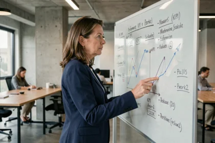 Femme d'affaires analysant des indicateurs de performance d'entreprise sur un tableau blanc dans un bureau moderne
