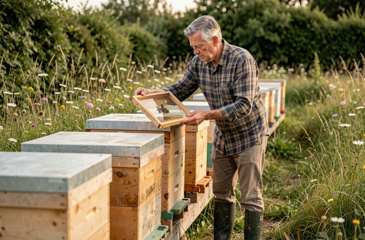 Apiculteur entretenant des ruches sur un terrain non constructible reconverti en prairie mellifère pour générer des revenus