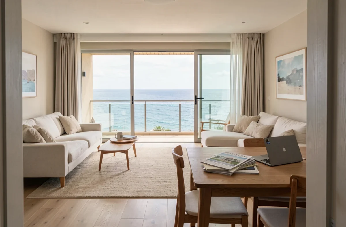 Appartement côtier moderne servant de résidence secondaire avec vue sur mer et décoration minimaliste scandinave