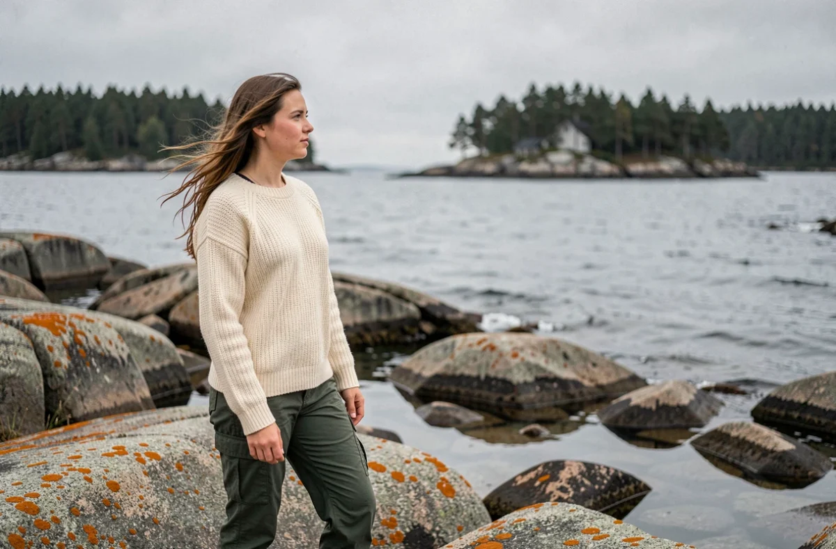 Femme scandinave en pull en laine sur un littoral rocheux de l'archipel suédois avec la mer Baltique en arrière-plan