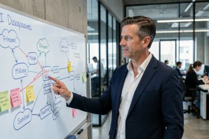 Architecte IT analysant un schéma de migration cloud sur un tableau blanc numérique dans un bureau moderne
