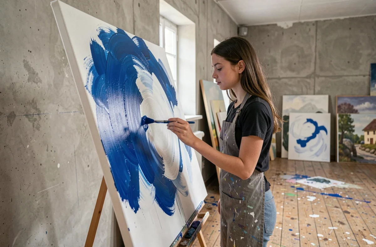 Jeune femme artiste peignant une toile avec des couleurs bleues et blanches dans un atelier