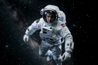 Astronaute en combinaison spatiale EVA flottant dans le vide de l'espace, illustrant la survie du corps humain hors de l'atmosphère