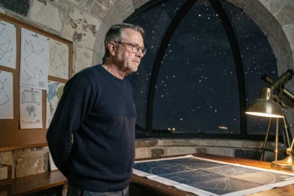 Astronome contemplant une carte stellaire dans un observatoire, illustrant l'étude des vides spatiaux cosmiques