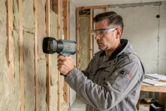 Auditeur énergétique utilisant une caméra thermique pour analyser les murs d'un bâtiment en cours de rénovation