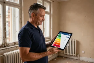 Auditeur énergétique tenant une tablette affichant le bilan DPE dans un appartement ancien à rénover
