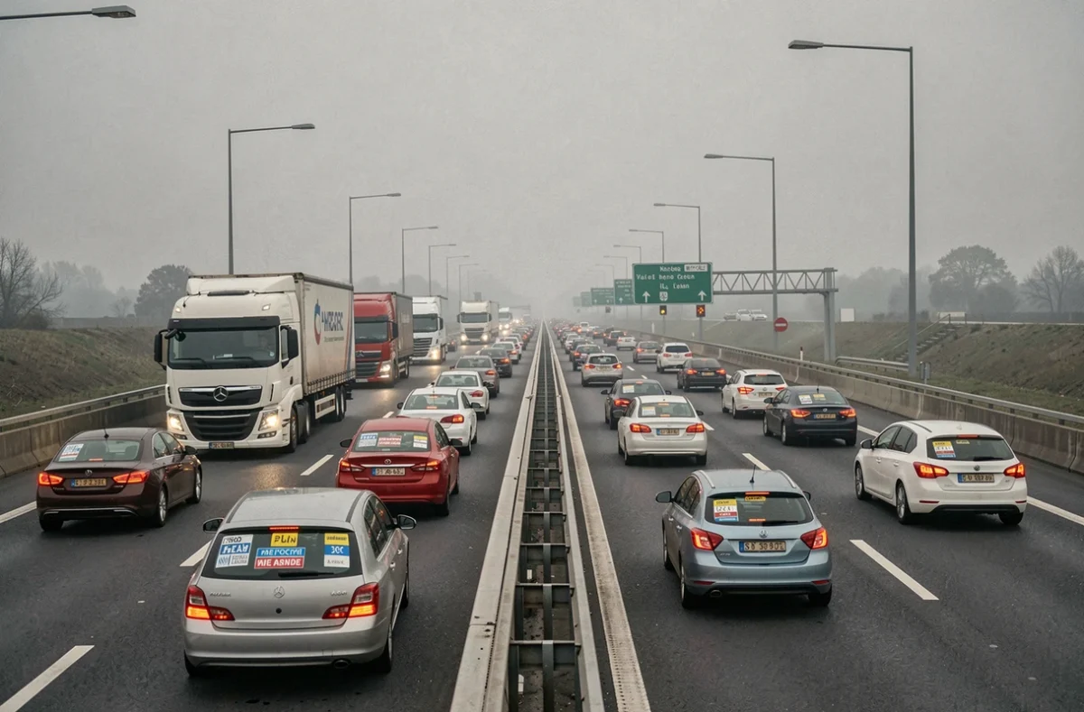Autoroute européenne animée avec camions et voitures soumis aux normes d'émissions Euro 5 et Euro 6