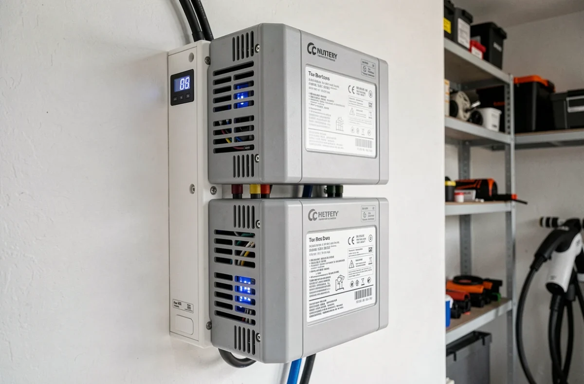 Système de batterie de stockage résidentiel monté au mur dans un garage domestique avec panneau de statut LED