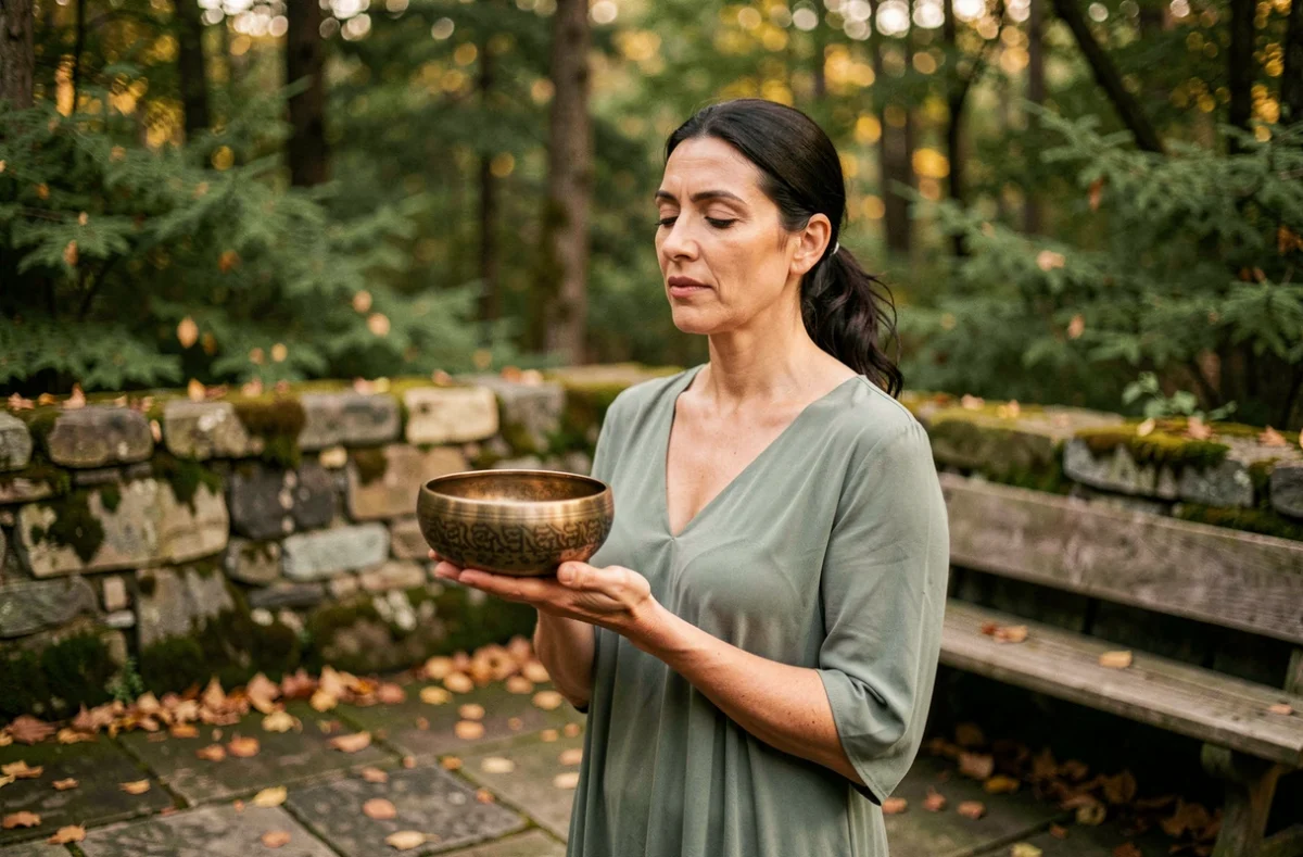 Femme utilisant un bol tibétain sur une terrasse en pierre entourée de forêt pour purifier l'espace des mauvaises énergies