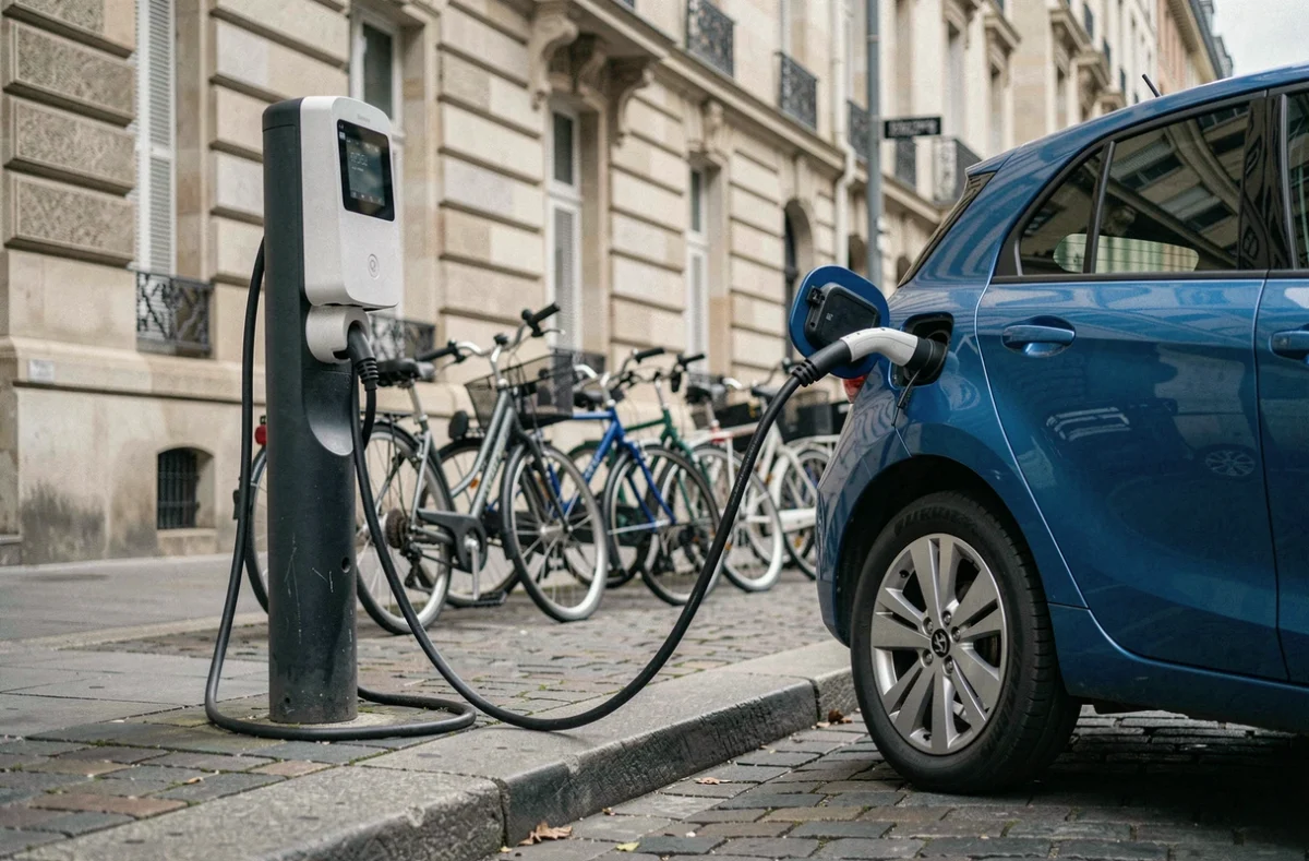Voiture hybride branchée à une borne de recharge publique dans une rue parisienne, illustrant les économies d'énergie et le coût de la recharge électrique