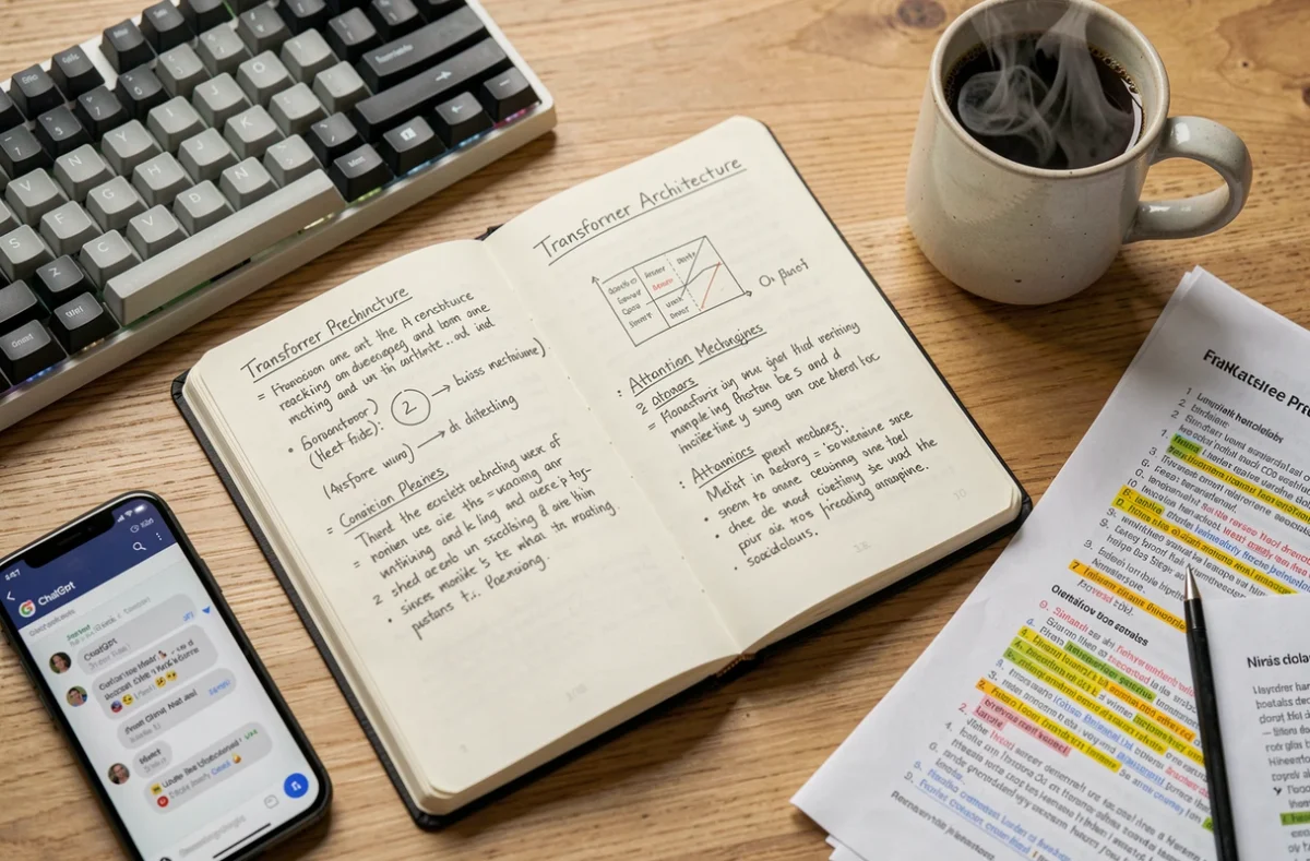 Vue aérienne d'un bureau avec un carnet de notes sur l'architecture transformer, un smartphone affichant ChatGPT et des articles de recherche sur les modèles de langage
