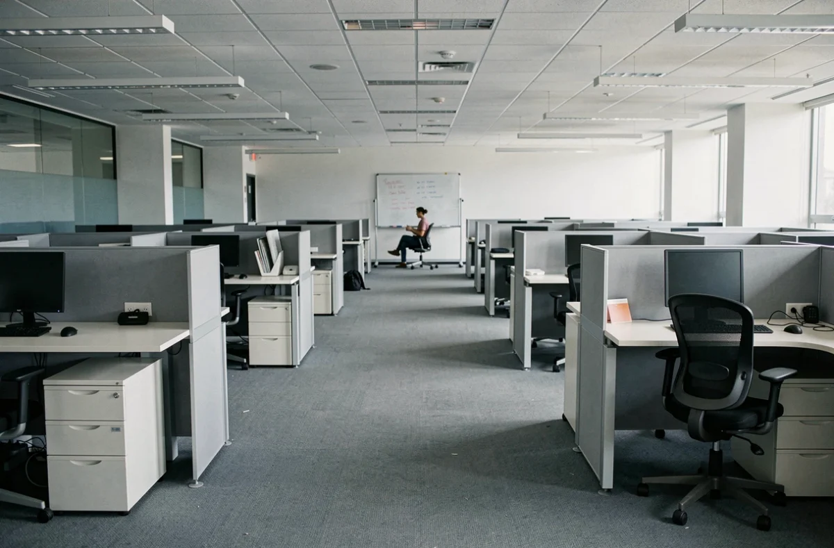 Bureau en open space vide avec un seul employé isolé, illustrant la perte de cohésion d'équipe due au télétravail