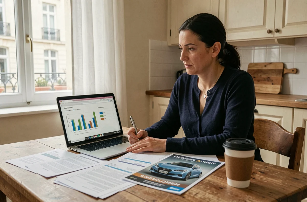 Femme calculant le coût d'une voiture hybride à la maison avec des feuilles de calcul et un ordinateur portable pour comparer les économies réalisées