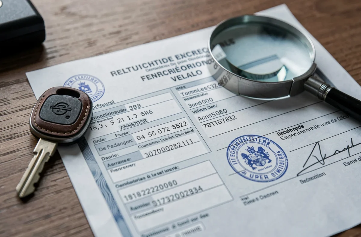 Carte grise de véhicule de collection française posée sur un bureau en bois avec une clé de voiture ancienne et une loupe, détail des mentions légales