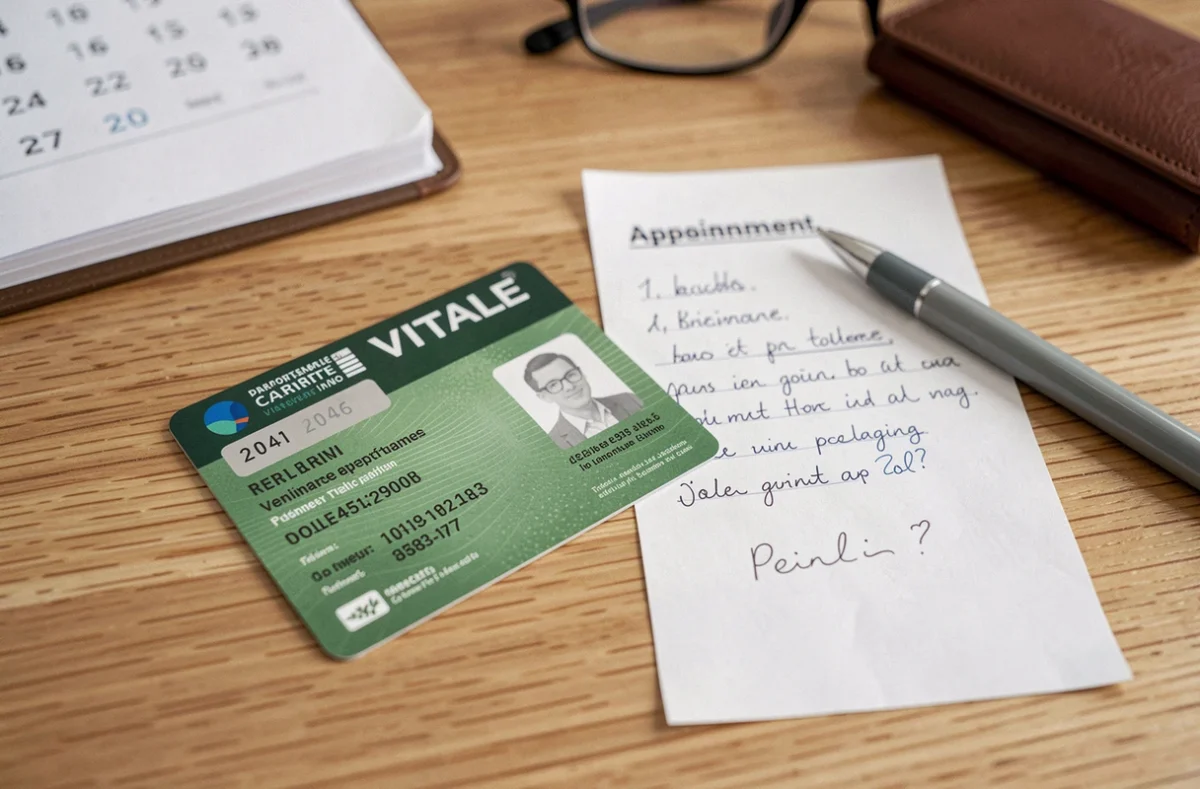 Carte Vitale et rendez-vous chez le psychothérapeute sur un bureau