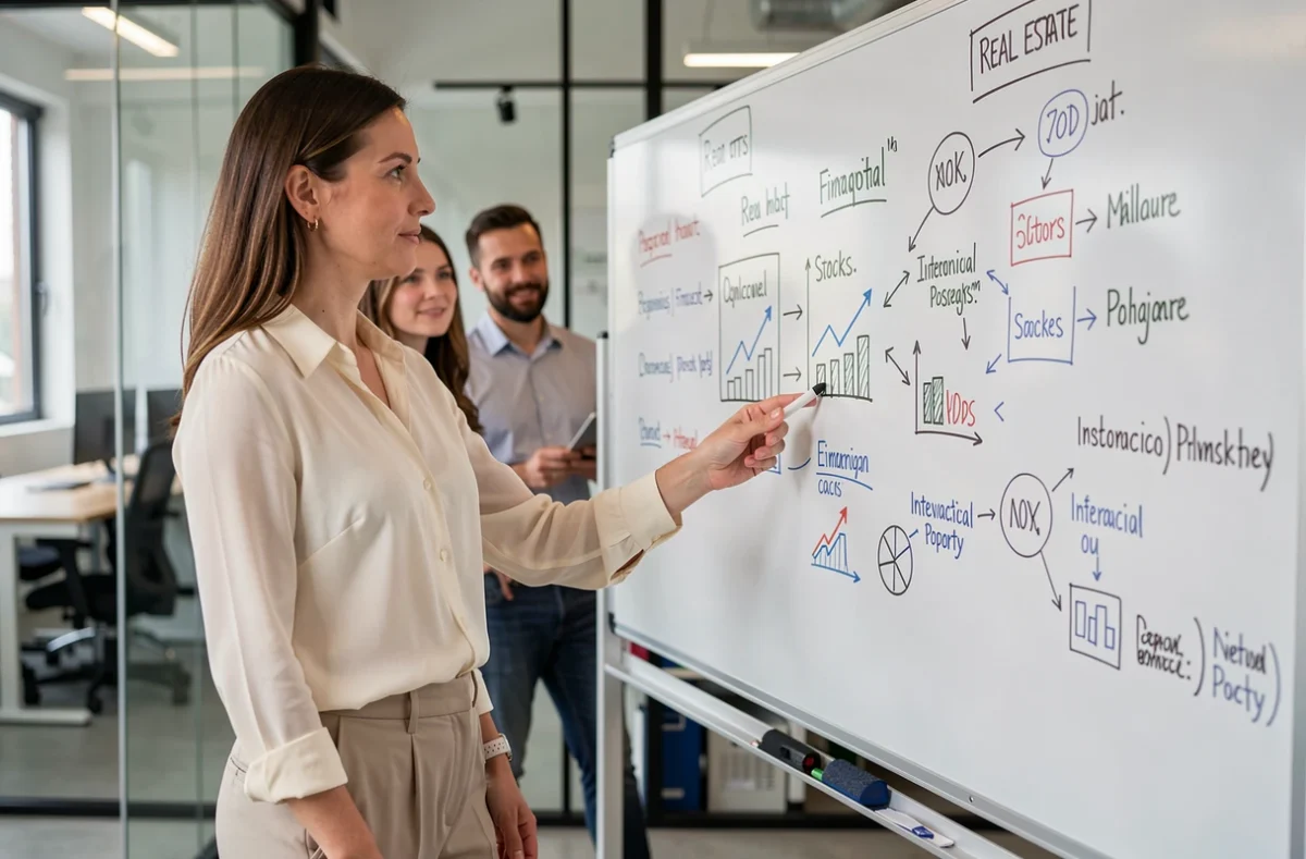 Professionnelle expliquant les différentes catégories d'actifs financiers lors d'une session de travail en équipe