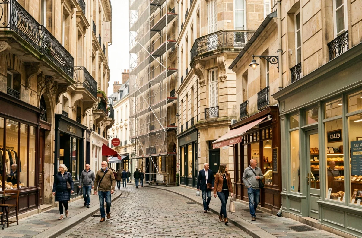 Rue pavée d'un centre-ville historique français avec des façades en pierre du XIXe siècle en cours de rénovation, mêlant patrimoine et mutation urbaine