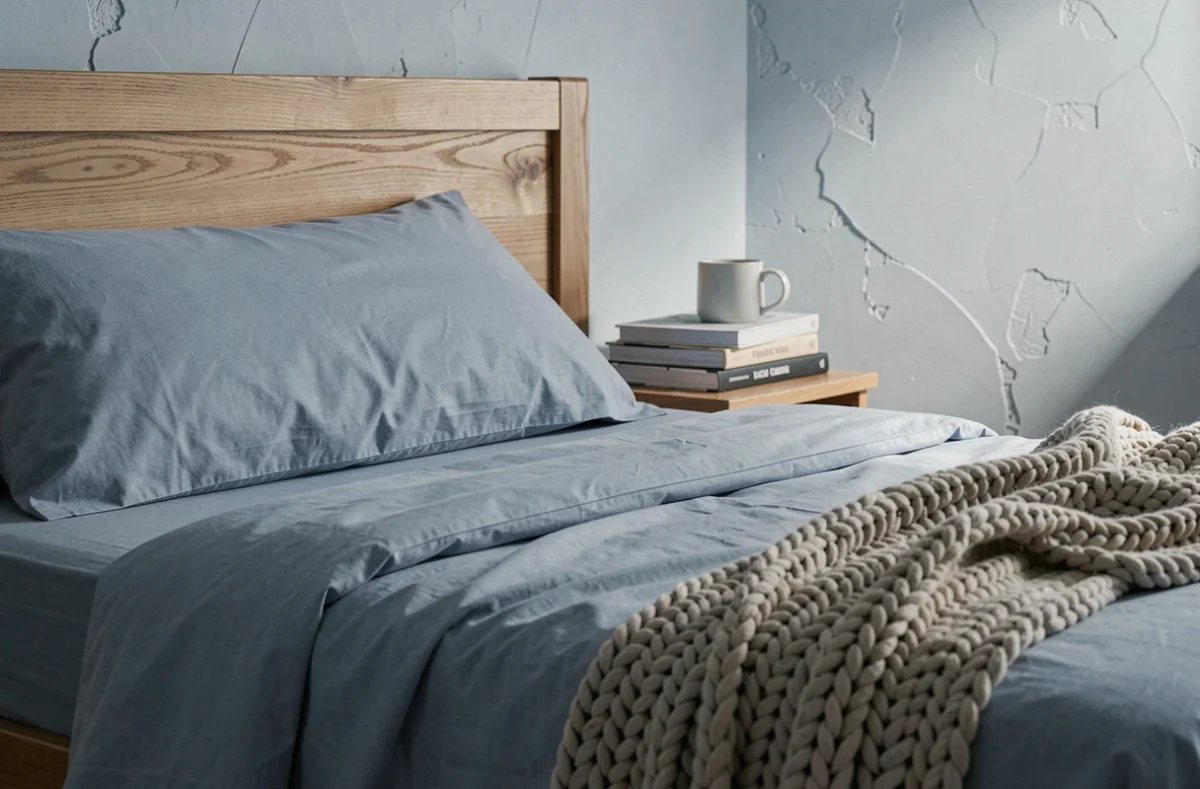 Literie en coton bleu doux avec plaid en tricot dans une chambre aux tons apaisants bleu-gris
