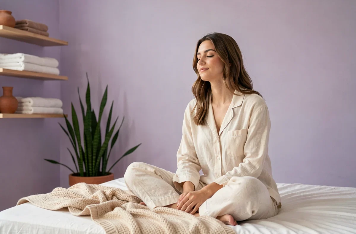 Femme détendue en pyjama lin dans une chambre aux murs lavande pâle évoquant le repos et la sérénité