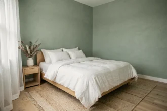 Chambre reposante avec murs vert sauge et literie en lin blanc pour une atmosphère apaisante