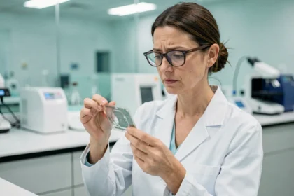 Chercheuse en laboratoire examinant un circuit flexible innovant, illustration de la prochaine grande innovation technologique