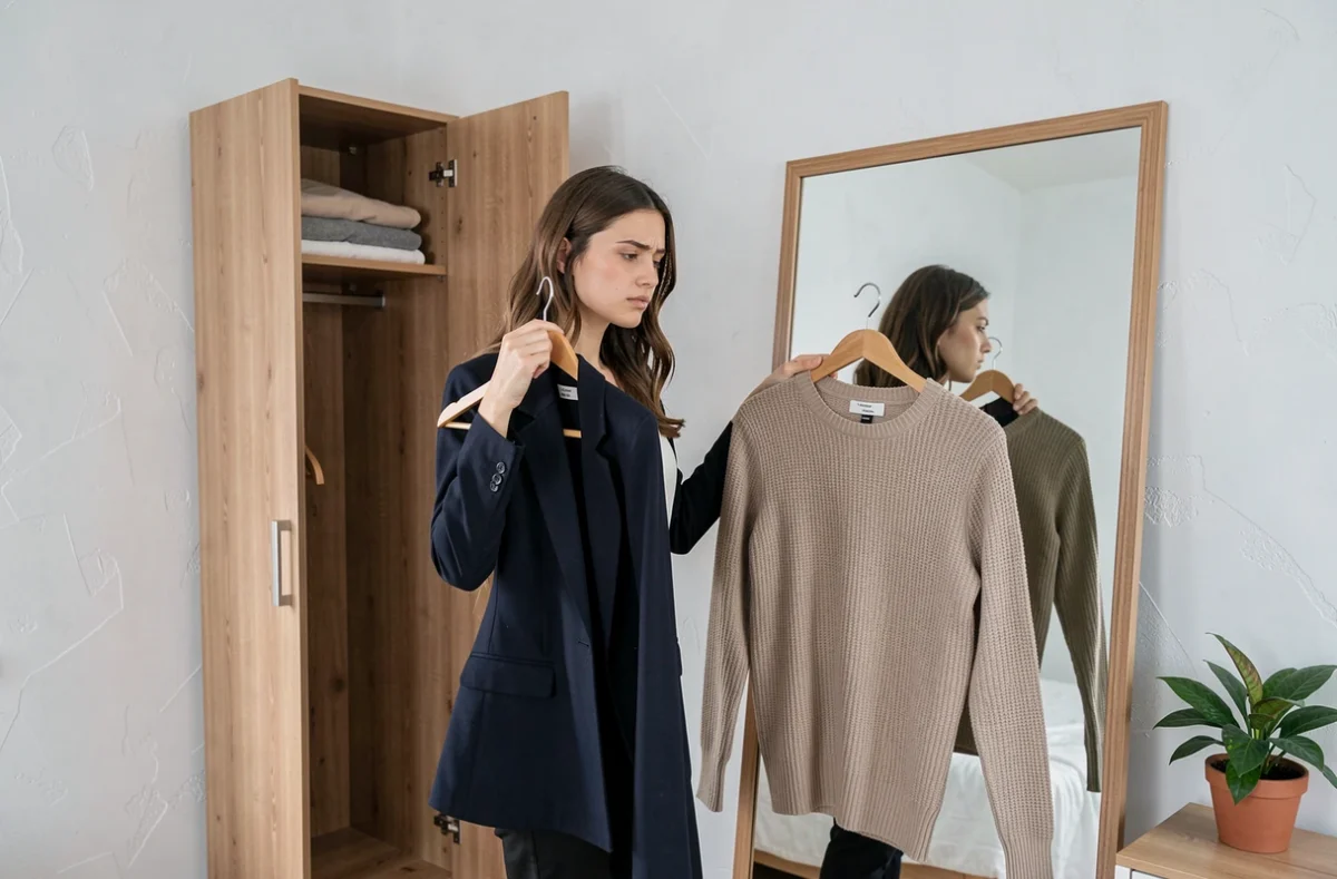 Jeune femme choisissant entre deux tenues devant un miroir dans sa chambre minimaliste, symbolisant la réflexion sur l'effet psychologique et social des vêtements
