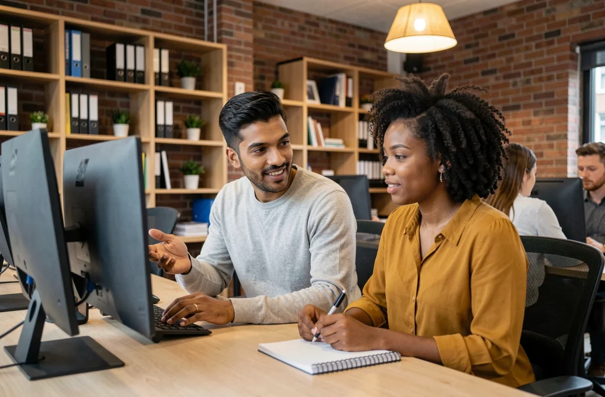 Deux collègues de profils différents collaborant devant un écran dans un espace de coworking, illustration de l'inclusion professionnelle