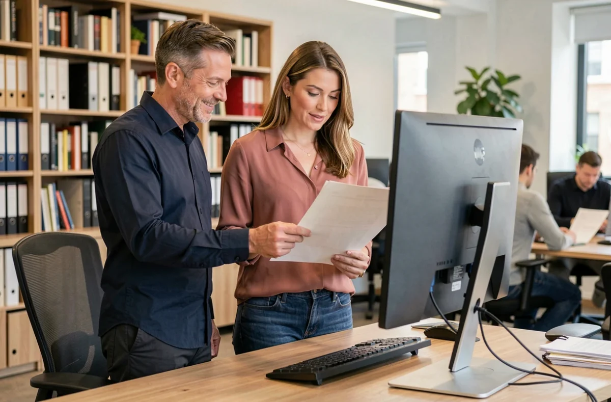 Un homme et une femme collaborant ensemble devant un écran d'ordinateur dans un bureau moderne, illustrant la parité professionnelle