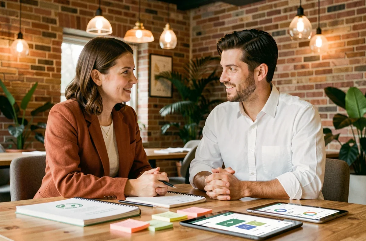 Deux jeunes professionnels collaborant sur une stratégie ESG autour d'un bureau en bois dans un espace de coworking
