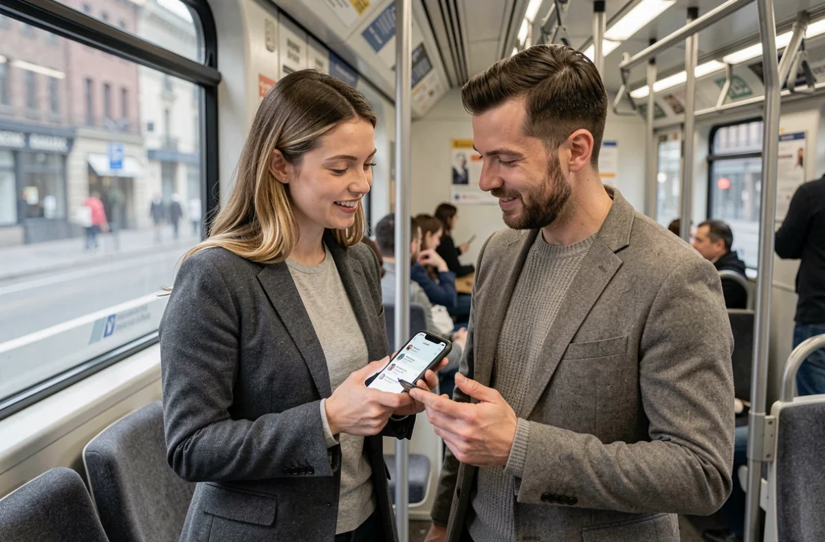 Deux collègues consultant ensemble une application de transport en commun sur un smartphone dans un train de banlieue