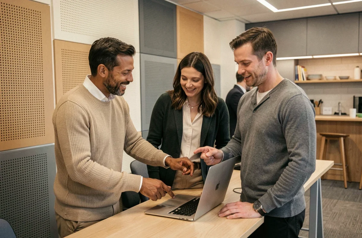 Trois collègues en réunion informelle autour d'un espace flex desk dans un bureau hybride