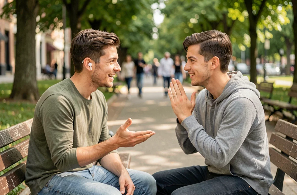 Deux jeunes adultes communiquant en langue des signes dans un parc urbain, symbolisant l'inclusion et le respect des différences