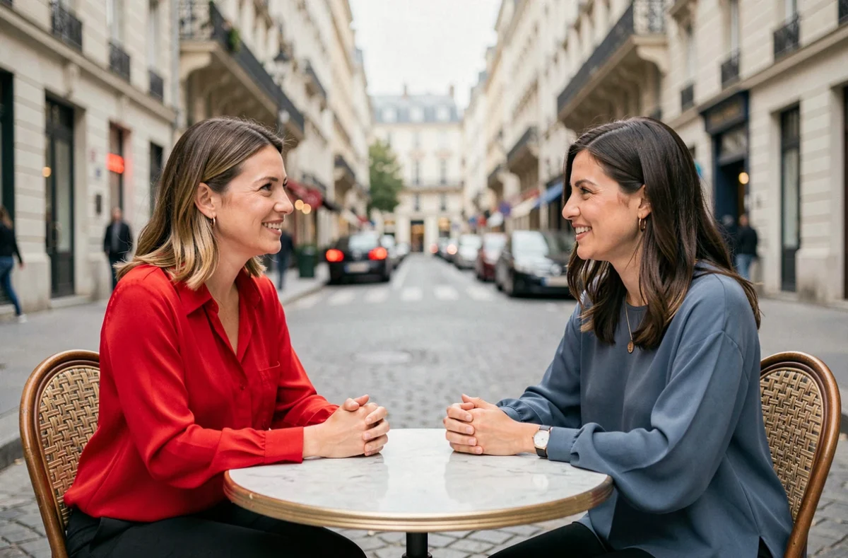 Deux femmes attablées en terrasse portant des couleurs contrastées rouge et bleu, comparaison des couleurs attractives