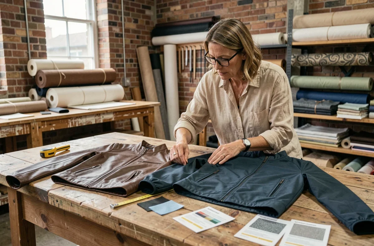 Femme comparant des matériaux de veste en cuir et en nylon technique dans un atelier artisanal, pour évaluer leur durabilité