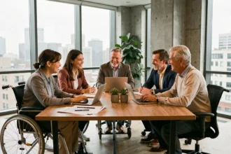 Groupe de collègues diversifiés réunis autour d'une table de réunion dans un bureau moderne, illustrant des comportements inclusifs au travail